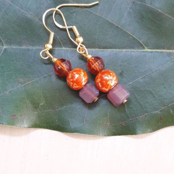 Artisan earrings  377# NEW bohemian Orange bead stack earrings linear dangle ea - Picture 1 of 6